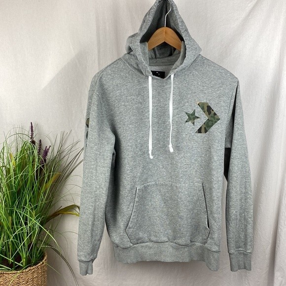 Converse Gray Long Sleeve Hoodie Camouflage Trim Sweatshirt S - Picture 1 of 5